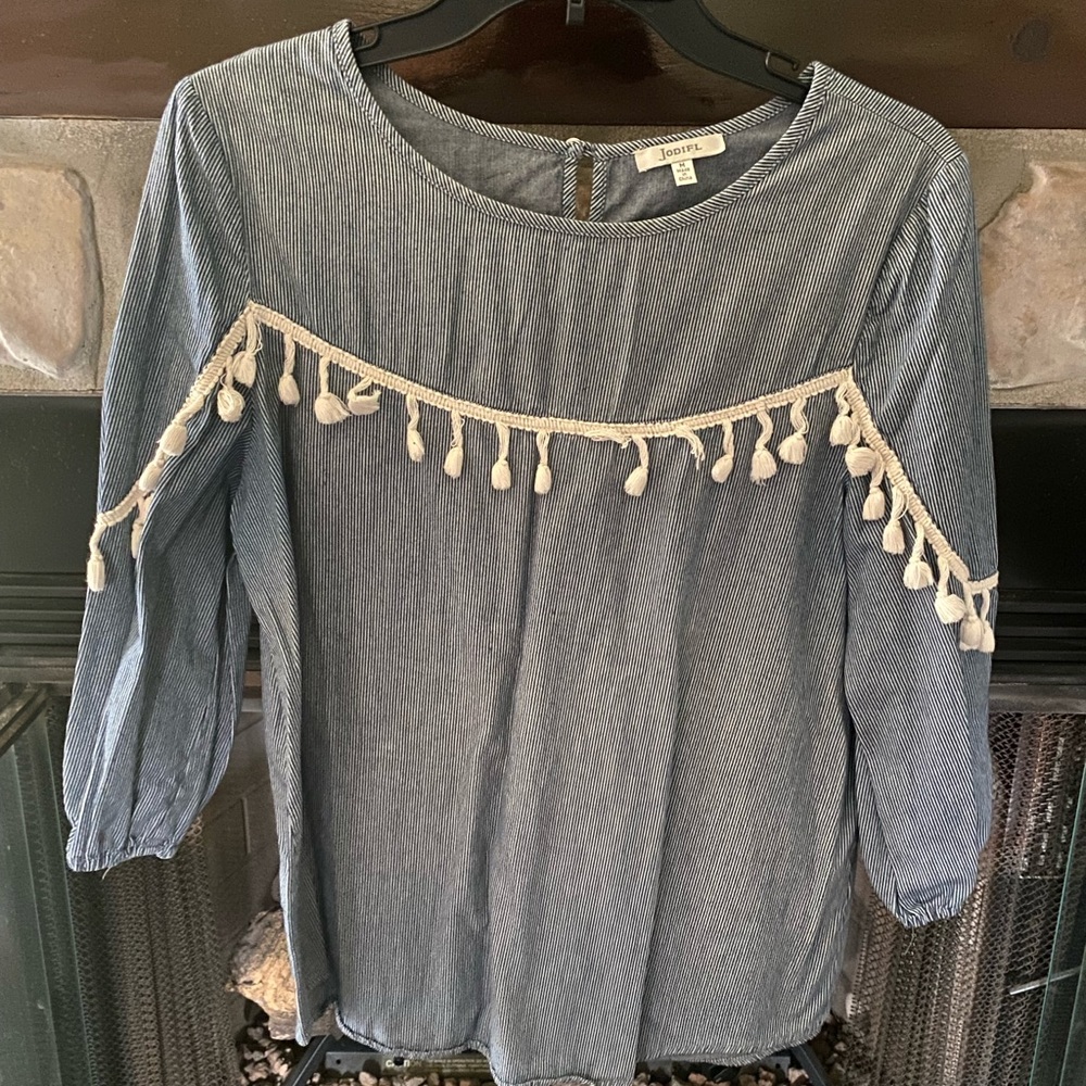 Jodifl - 3/4 sleeve - boat neck - navy - fringe embellishment - medium - $15.00